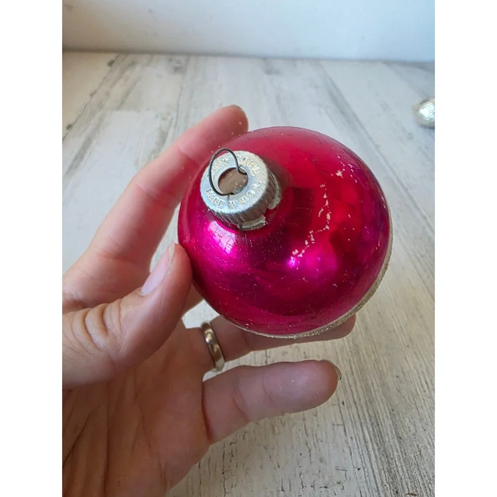 Vintage shiny Brite Mica red white blue striped glass ornament Xmas tree